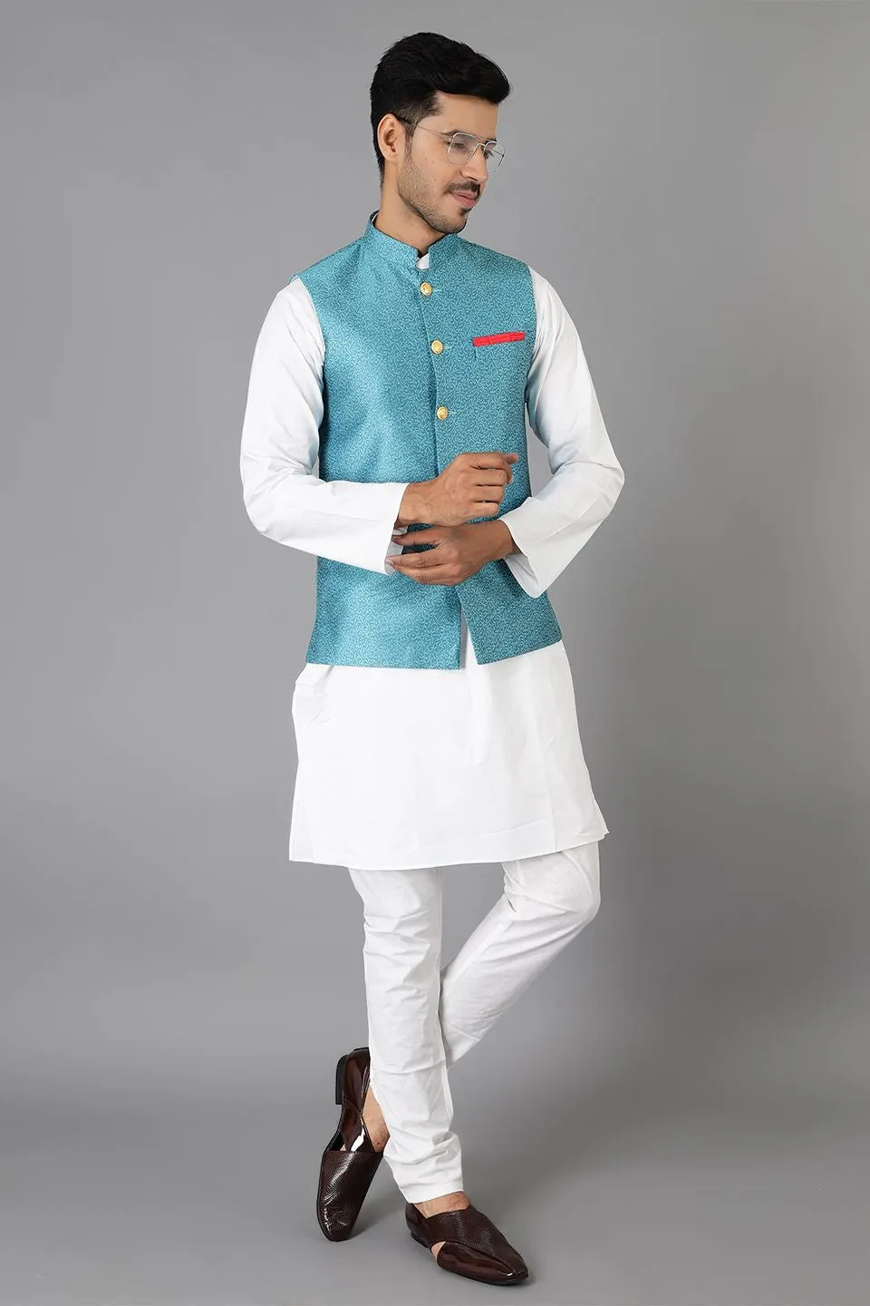 Banarasi Rayon Cotton Green Modi Nehru Jacket