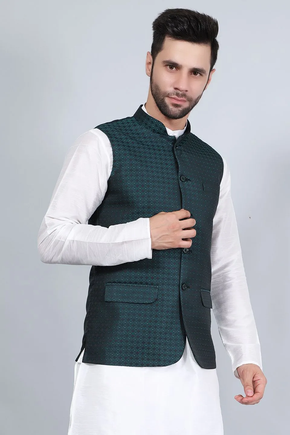 Banarasi Rayon Cotton Green Modi Nehru Jacket