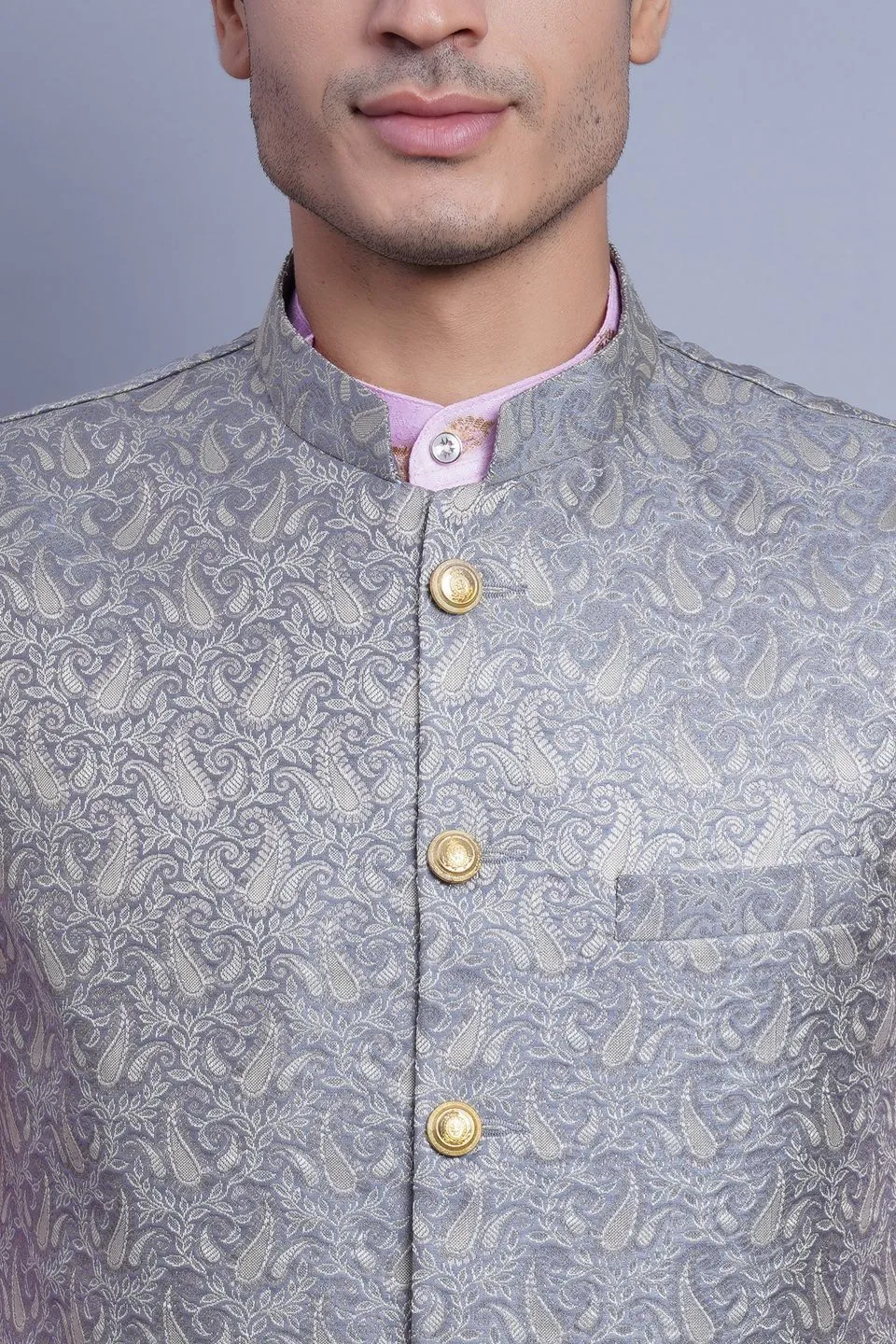 Banarasi Rayon Cotton Grey Modi Nehru Jacket