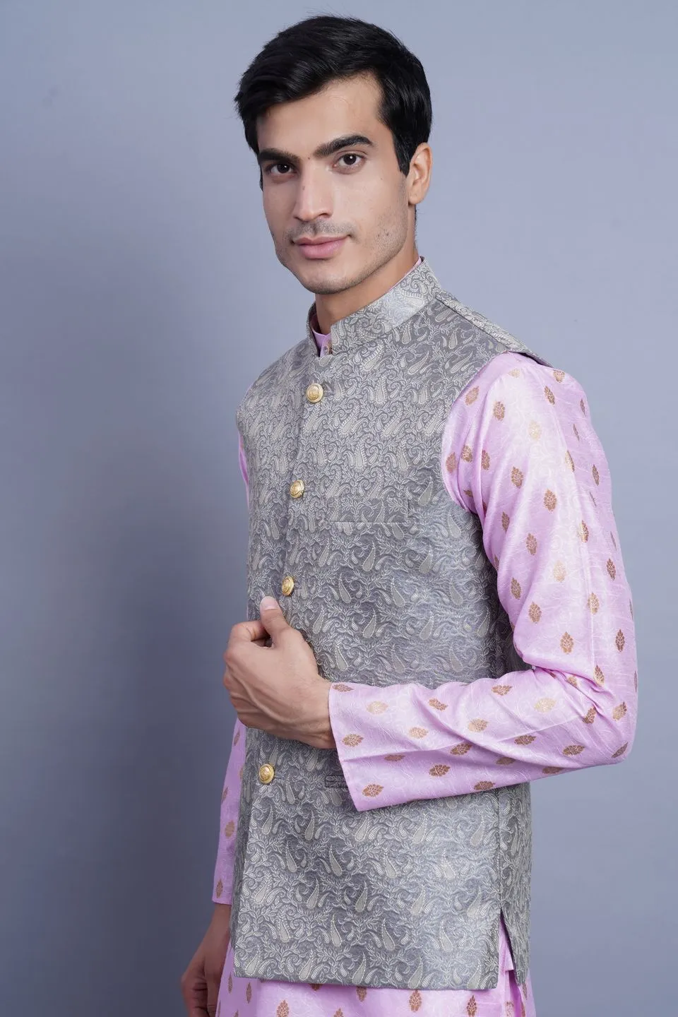 Banarasi Rayon Cotton Grey Modi Nehru Jacket