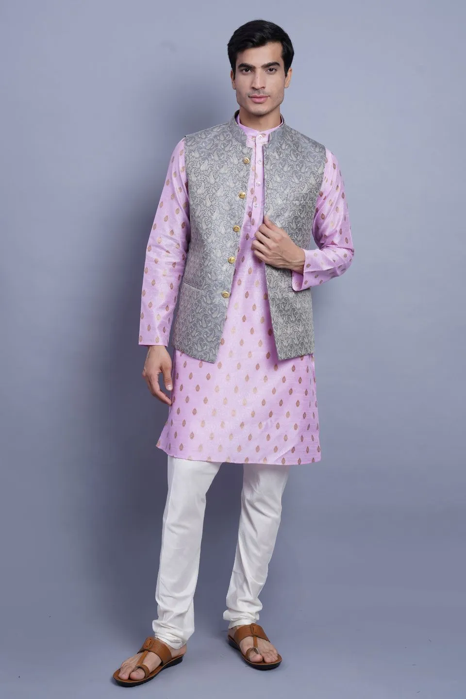 Banarasi Rayon Cotton Grey Modi Nehru Jacket