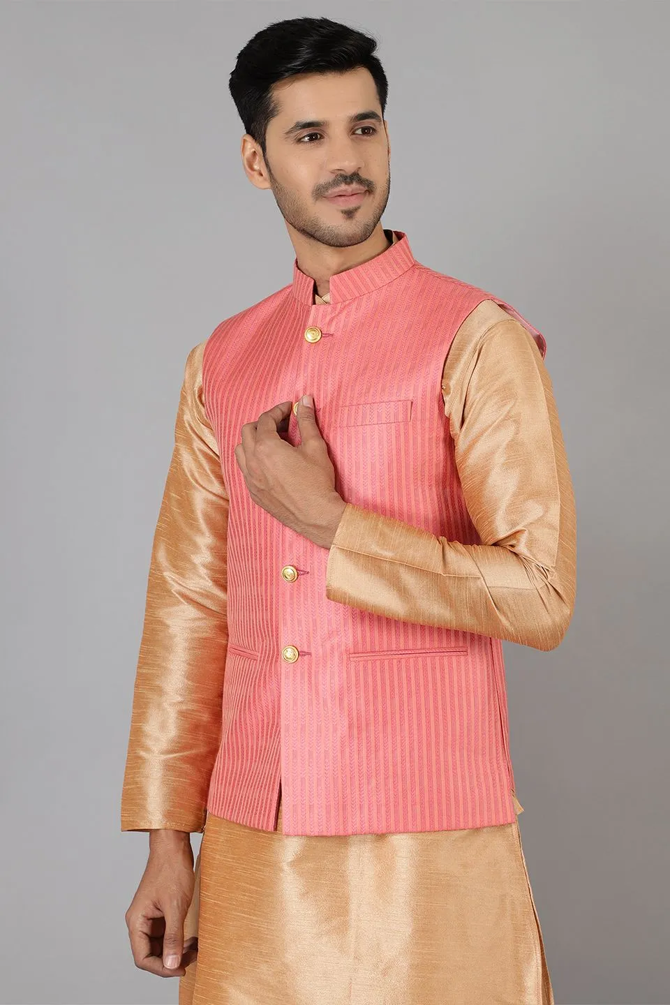 Banarasi Rayon Cotton Pink Modi Nehru Jacket