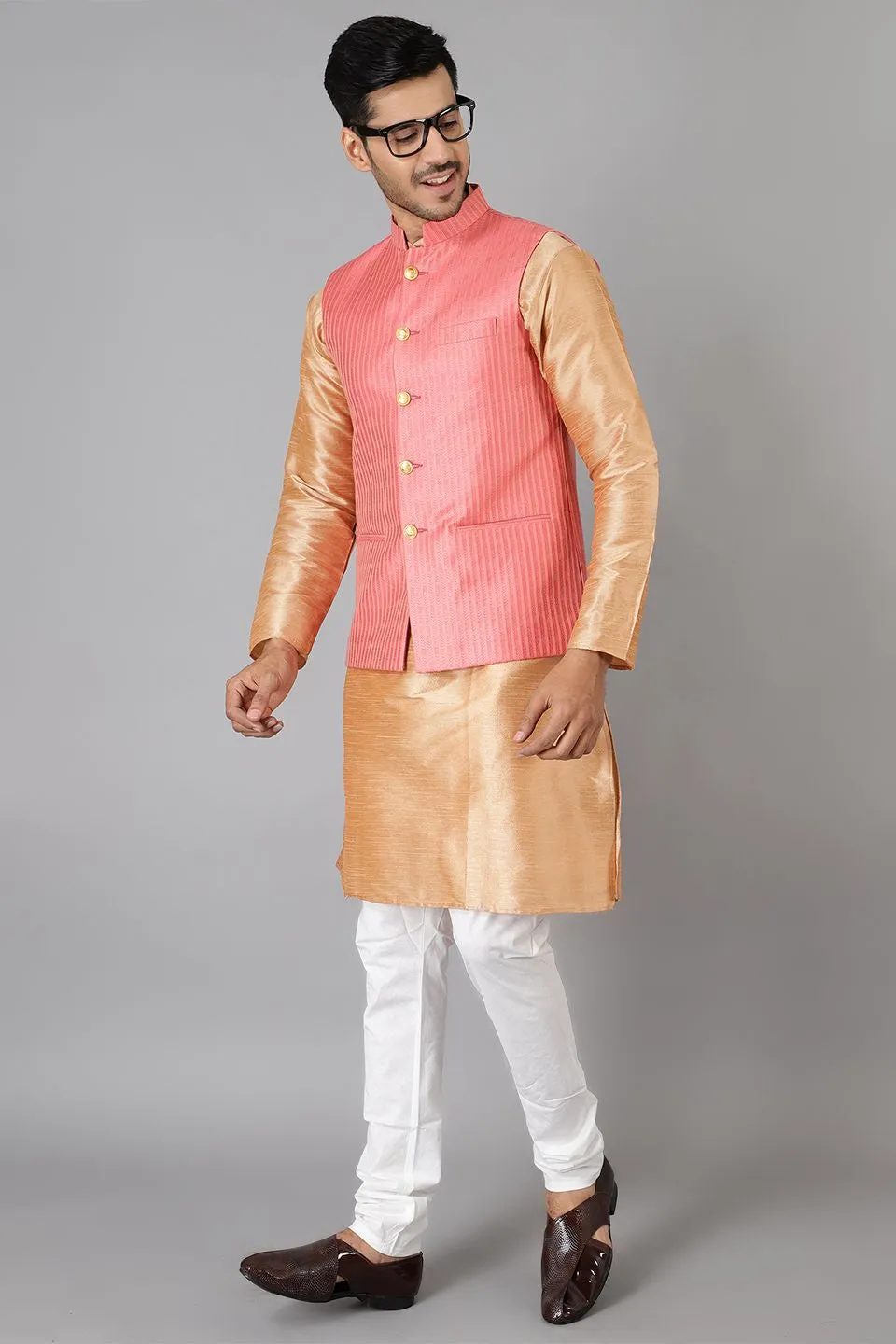 Banarasi Rayon Cotton Pink Modi Nehru Jacket