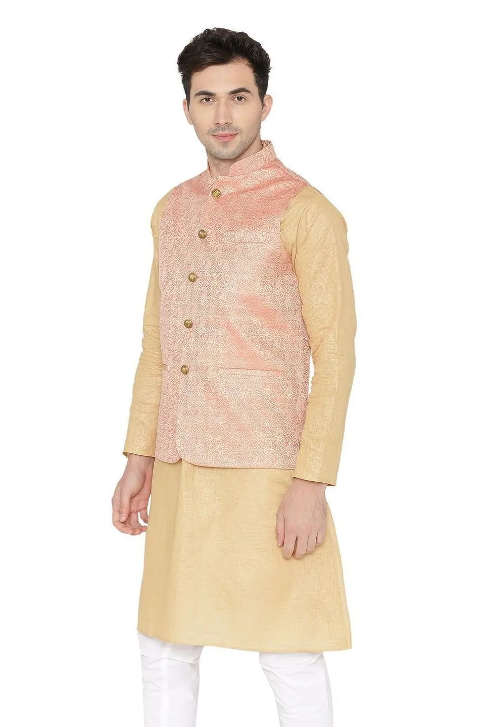 Banarasi Rayon Cotton Pink Modi Nehru Jacket