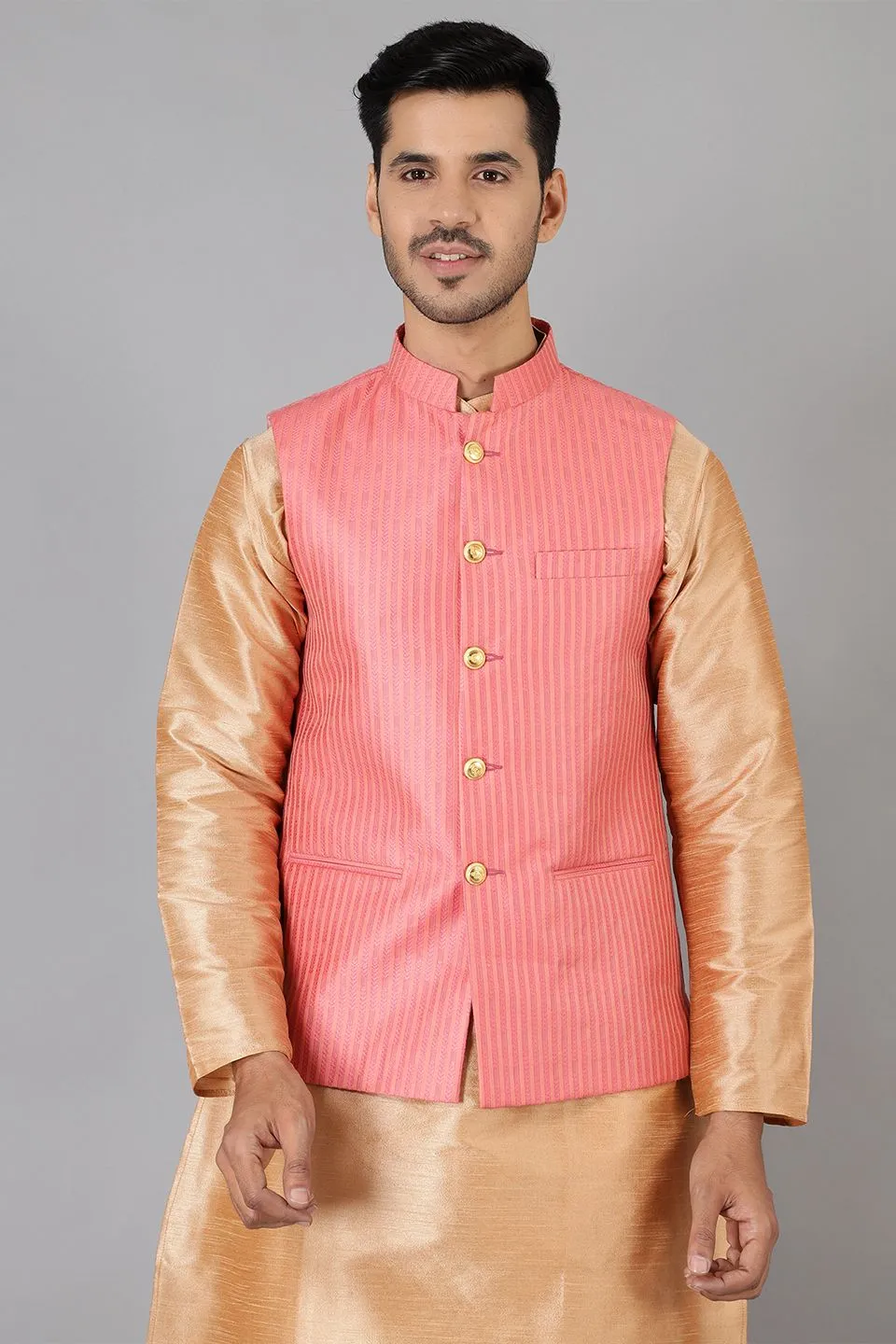 Banarasi Rayon Cotton Pink Modi Nehru Jacket