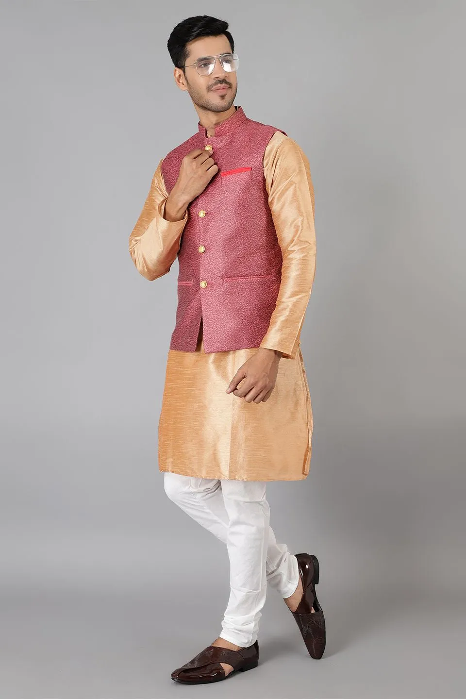 Banarasi Rayon Cotton Red Modi Nehru Jacket