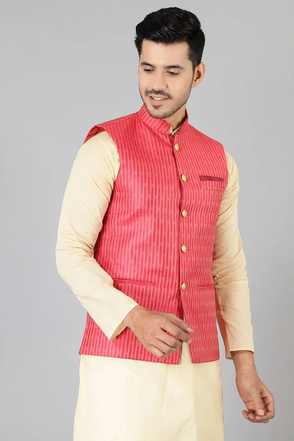 Banarasi Rayon Cotton Red Modi Nehru Jacket