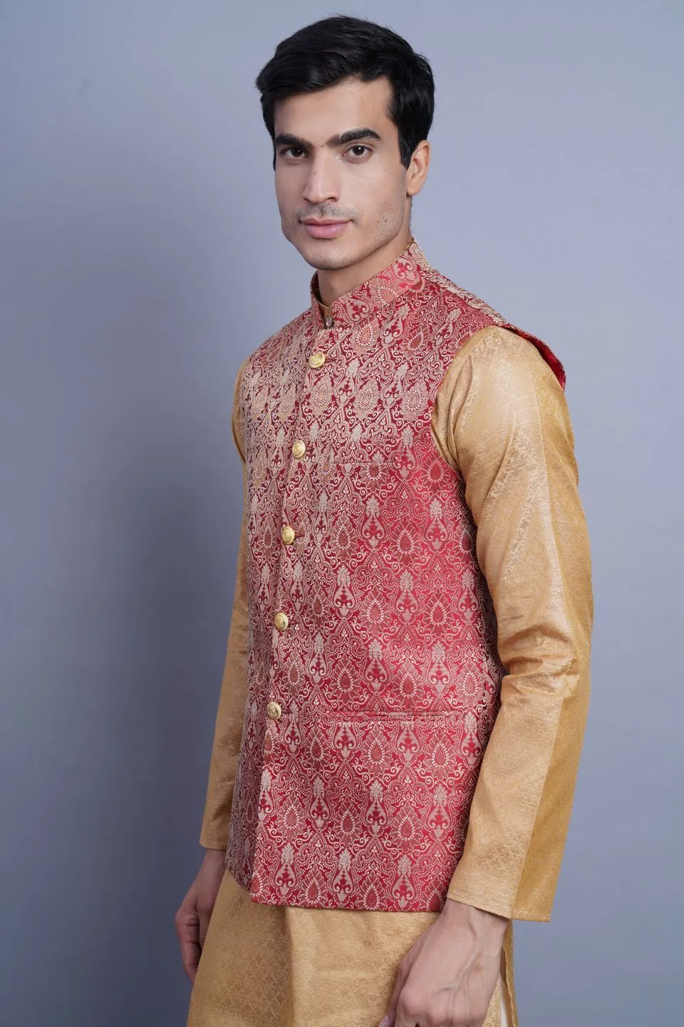 Banarasi Rayon Cotton Red Modi Nehru Jacket