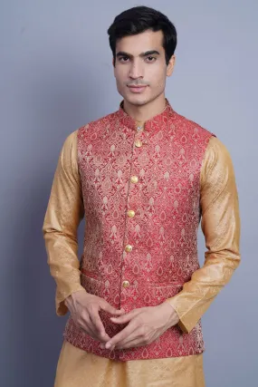 Banarasi Rayon Cotton Red Modi Nehru Jacket