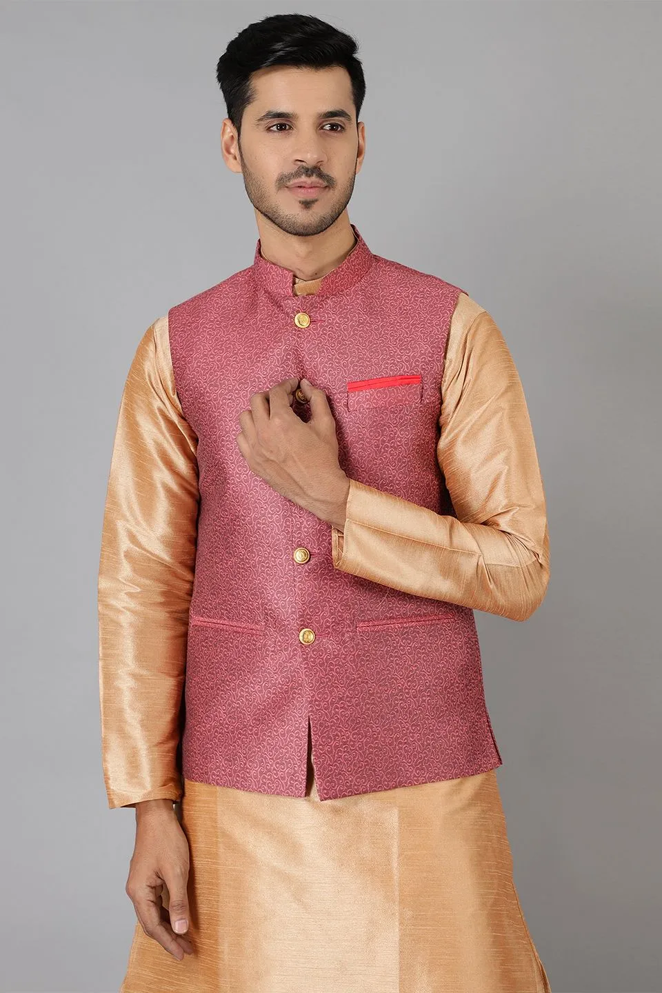 Banarasi Rayon Cotton Red Modi Nehru Jacket