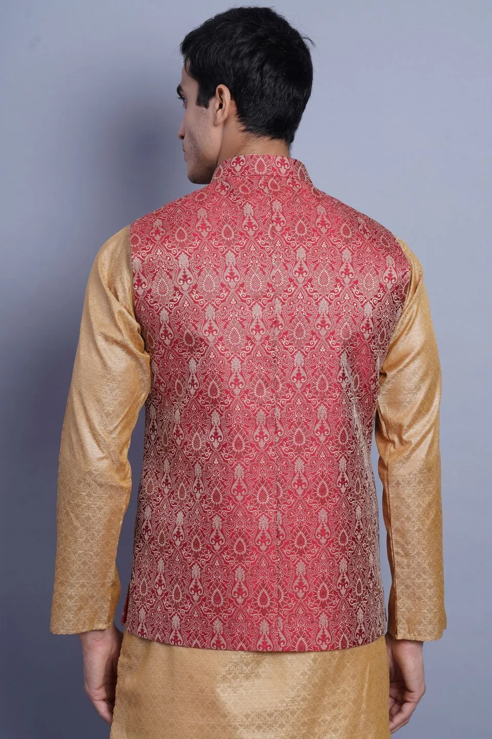 Banarasi Rayon Cotton Red Modi Nehru Jacket