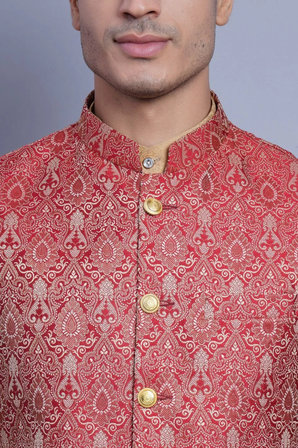 Banarasi Rayon Cotton Red Modi Nehru Jacket