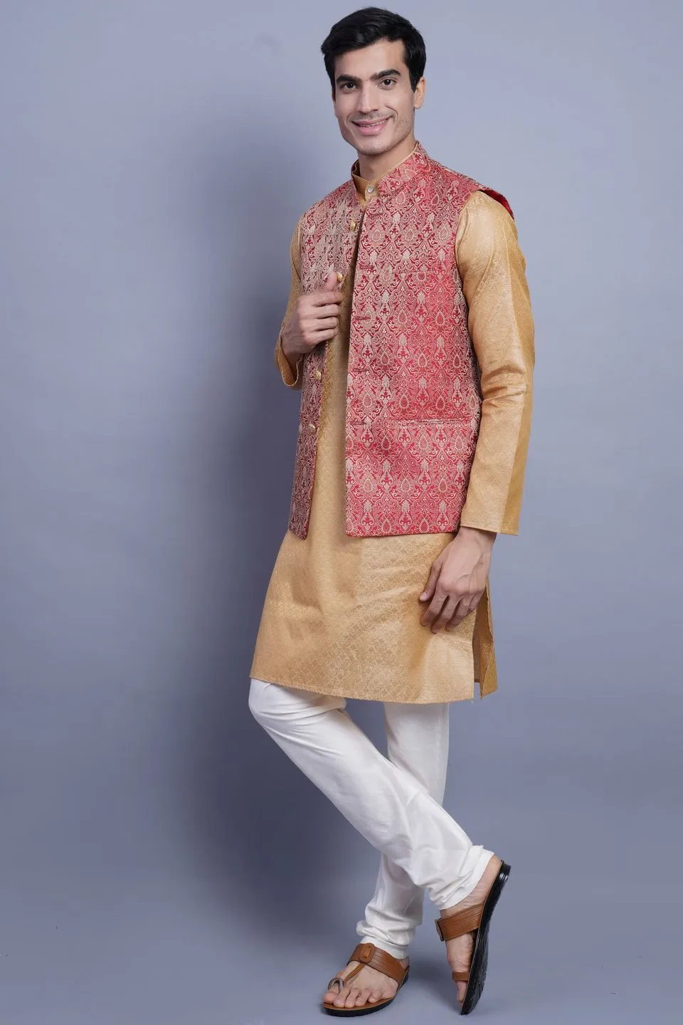 Banarasi Rayon Cotton Red Modi Nehru Jacket