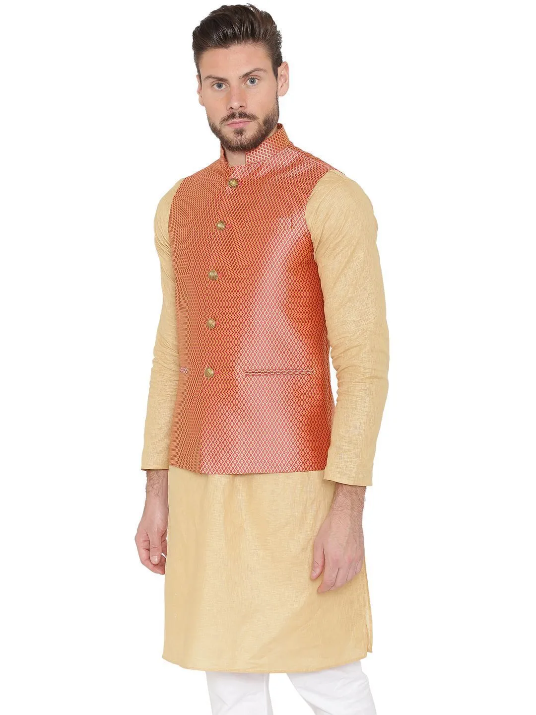 Banarasi Rayon Cotton Red Modi Nehru Jacket