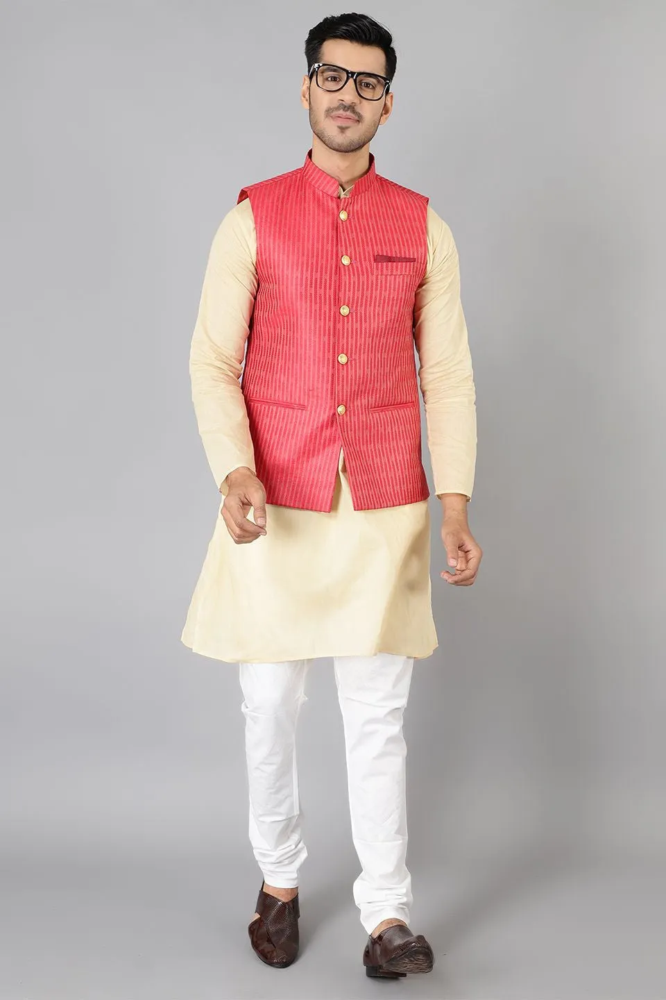 Banarasi Rayon Cotton Red Modi Nehru Jacket