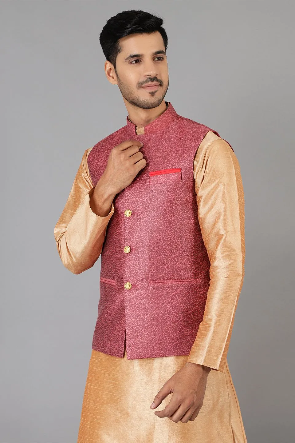 Banarasi Rayon Cotton Red Modi Nehru Jacket