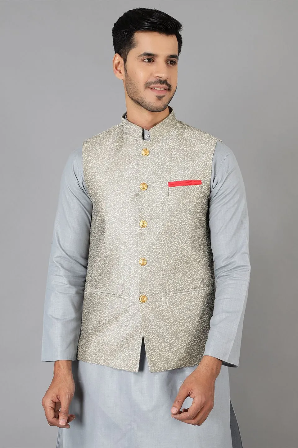 Banarasi Rayon Cotton Silver Modi Nehru Jacket