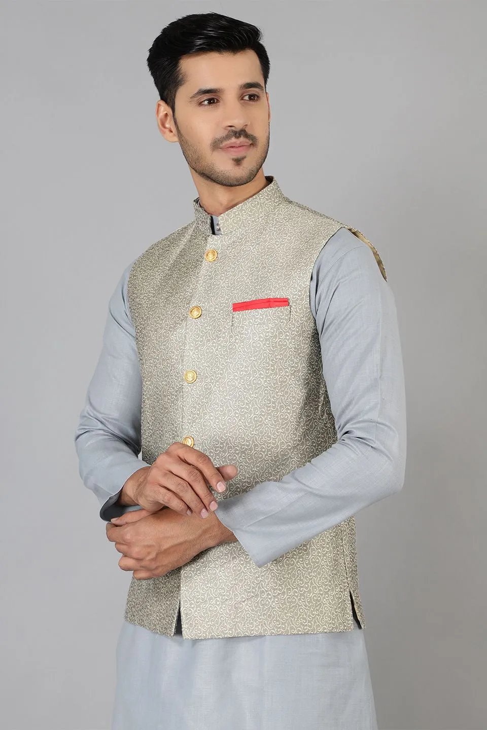 Banarasi Rayon Cotton Silver Modi Nehru Jacket