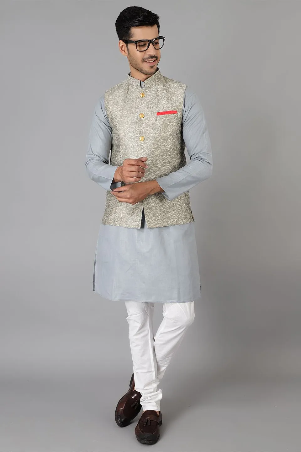 Banarasi Rayon Cotton Silver Modi Nehru Jacket