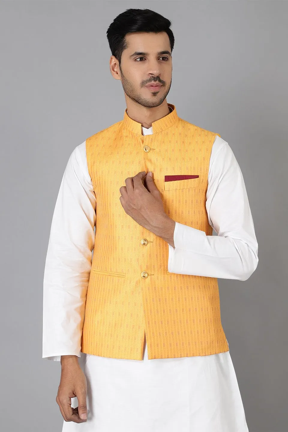 Banarasi Rayon Cotton Yellow Modi Nehru Jacket