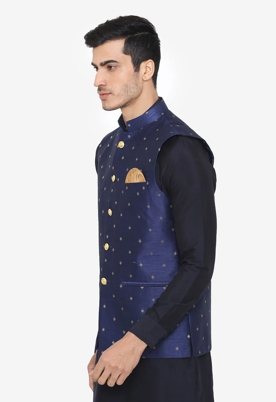 Banarsi Rayon Cotton Blue Nehru Modi Jacket