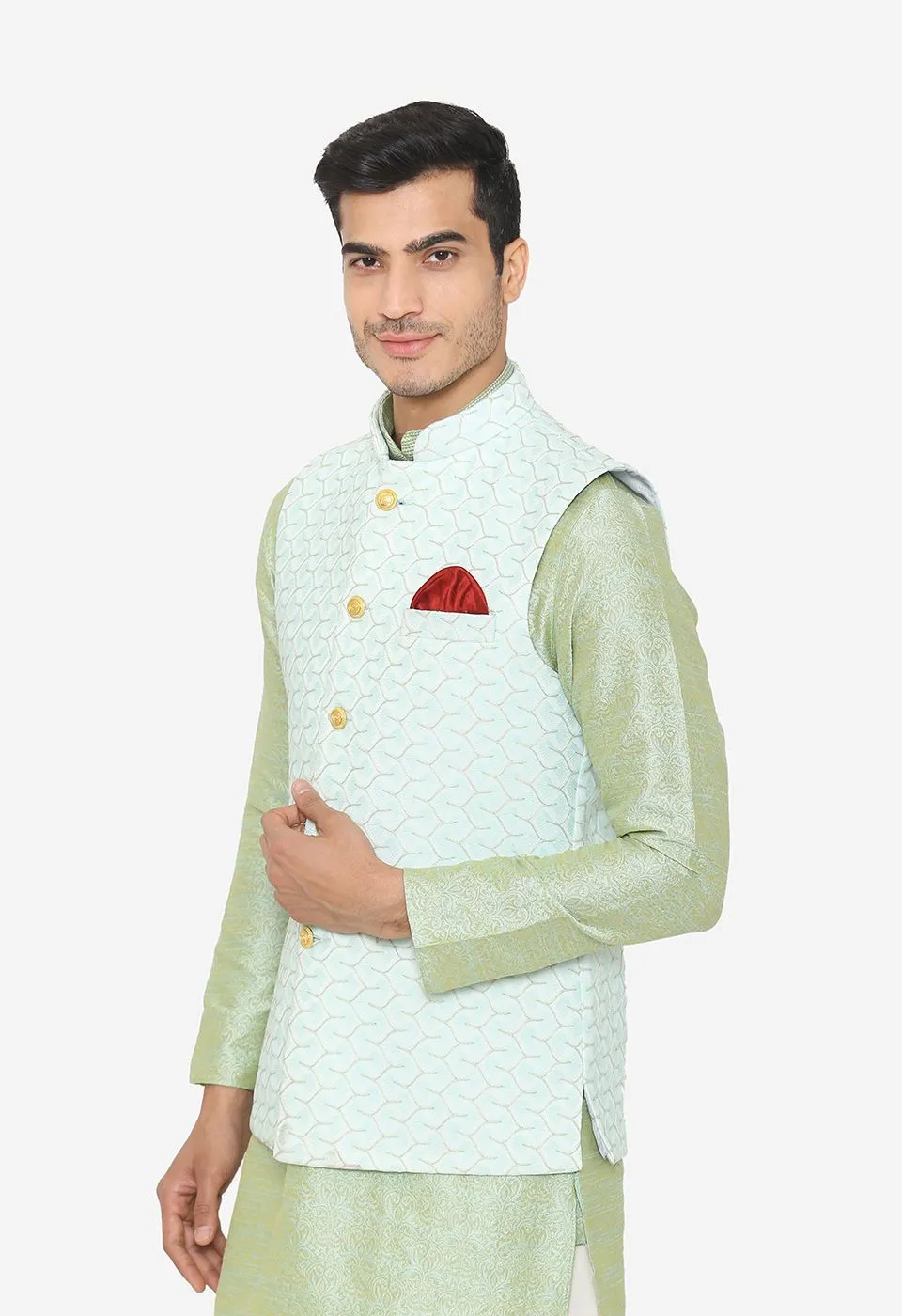 Banarsi Rayon Cotton Green Nehru Modi Jacket