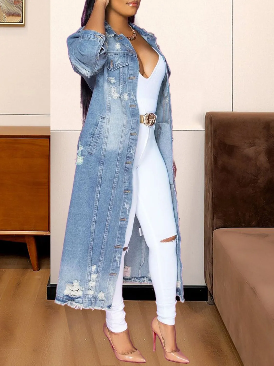 Begin The Show Long Sleeve Raw Hem Denim Midi Jacket