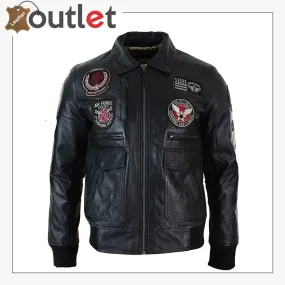 Black Mens Real Leather Bomber Badge Air Force Pilot Flying Jacket