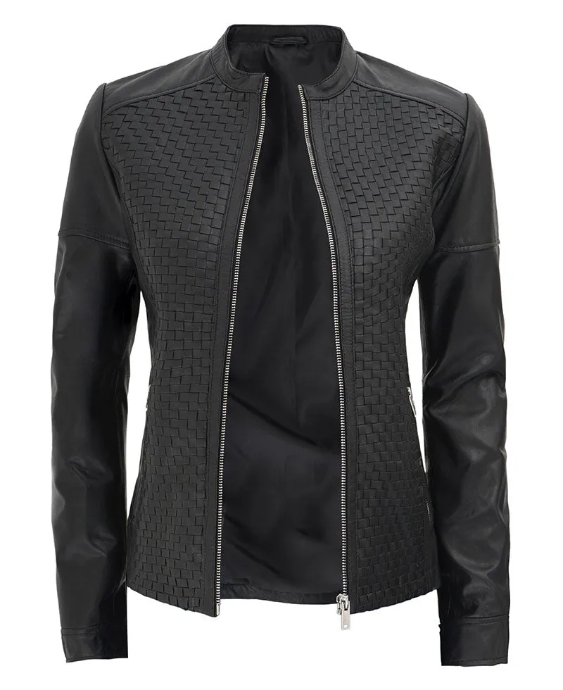 Black Textured Leather Jacket  Womens Slim Fit Jacket