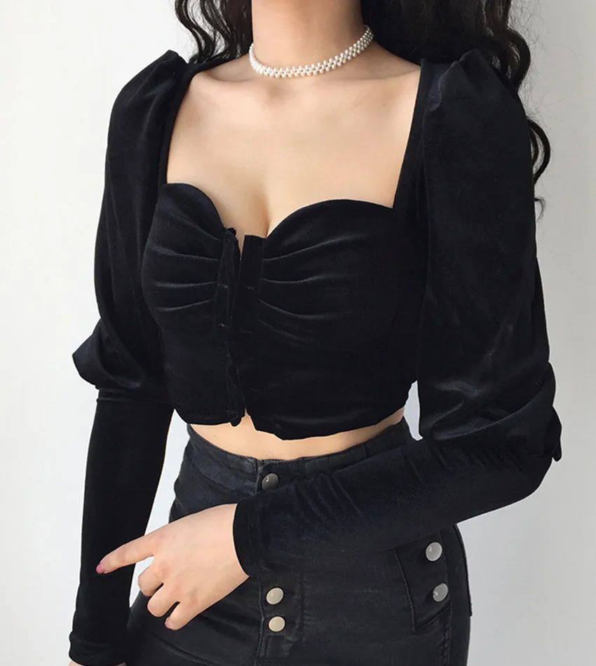 Black velvet long sleeve tops  386