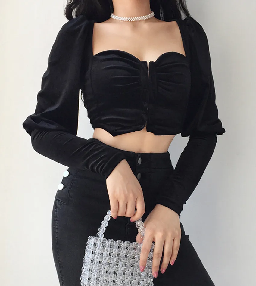 Black velvet long sleeve tops  386