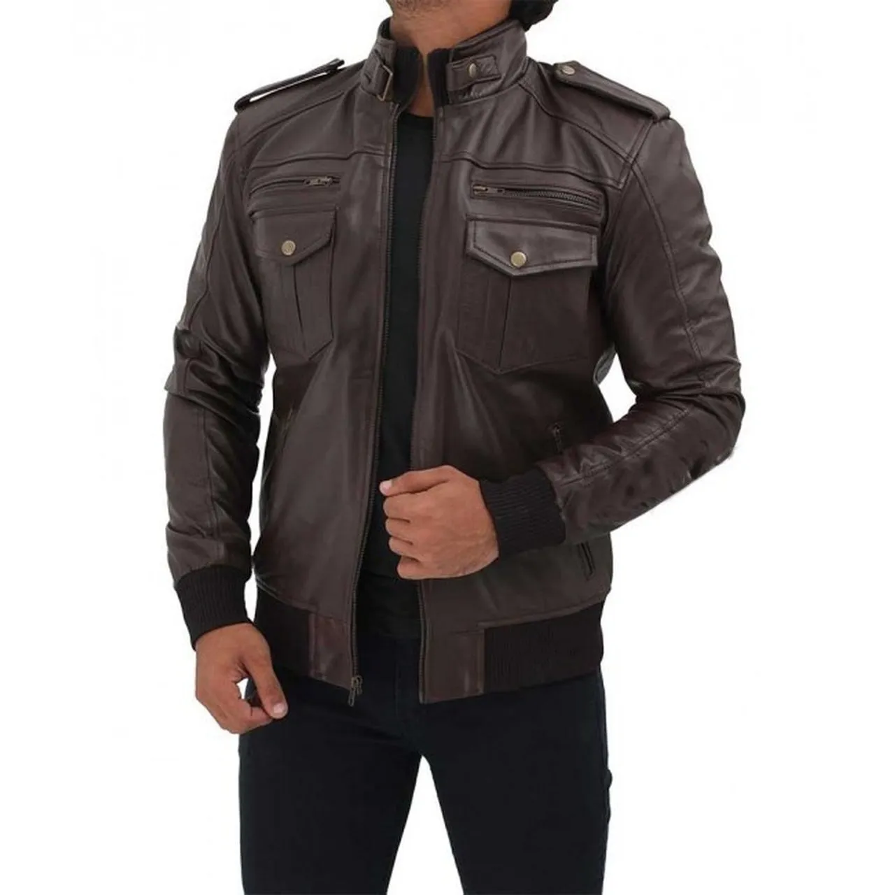 Brown Bomber Biker Leather Mens Jacket