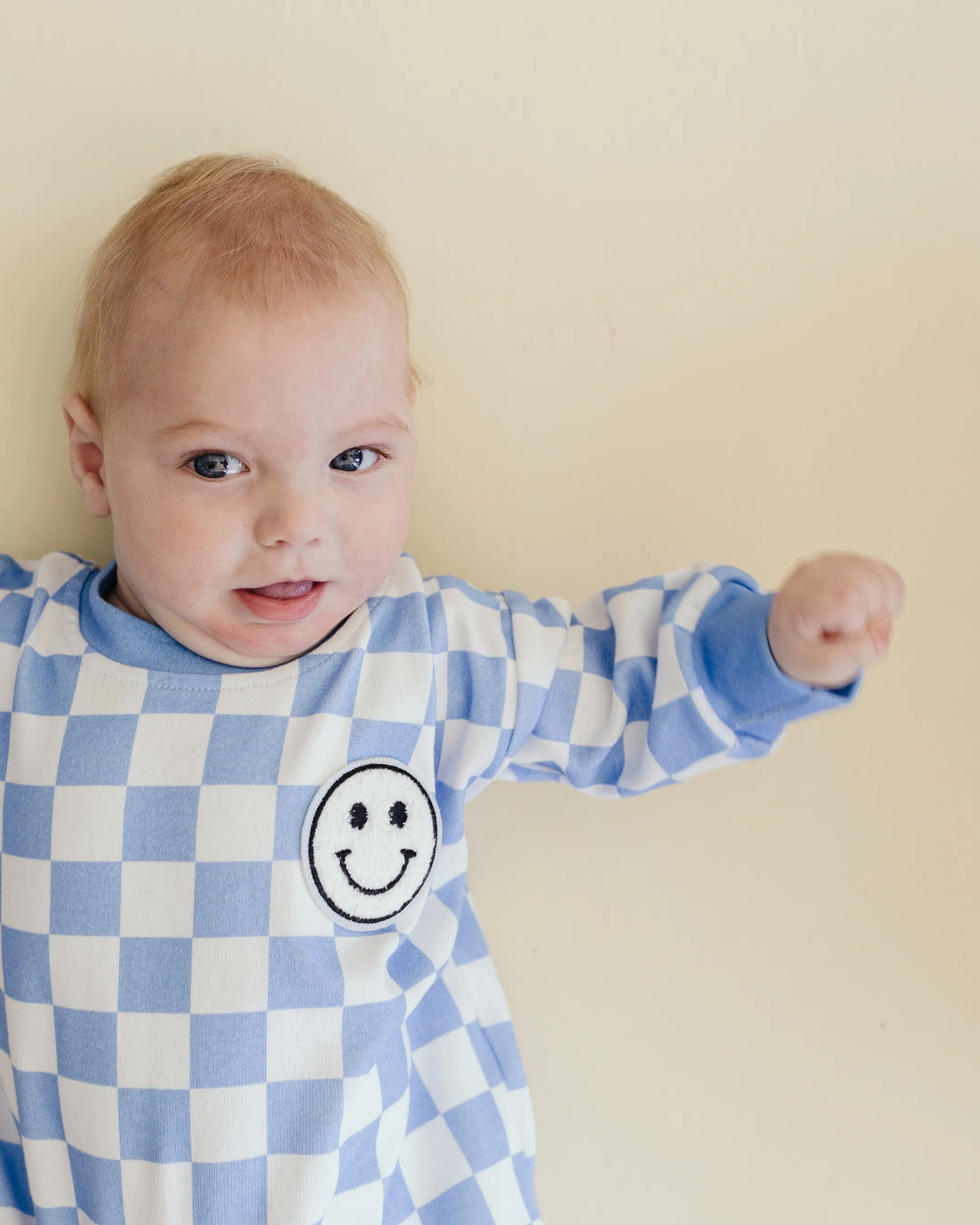 Bubble Romper | Checkered Smiley Blue