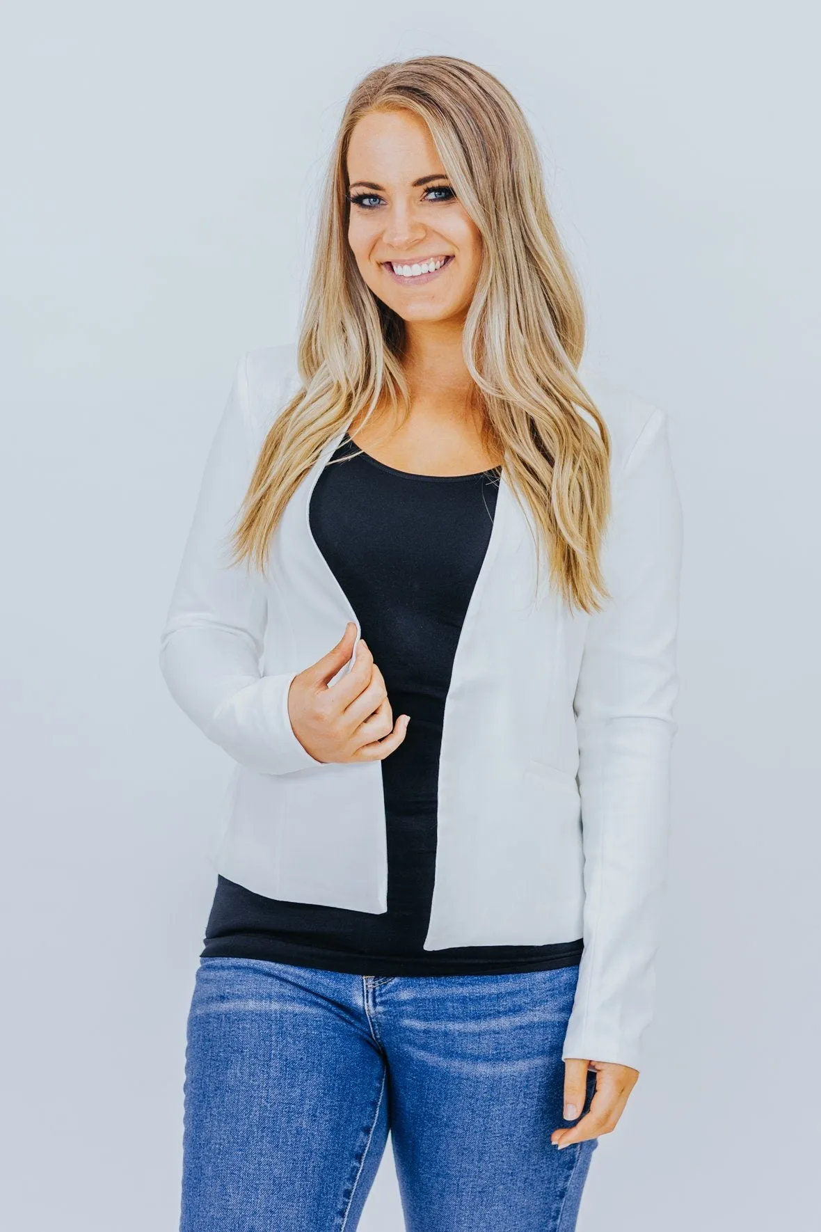 Business As Usual Open Front Blazer Jacket in White