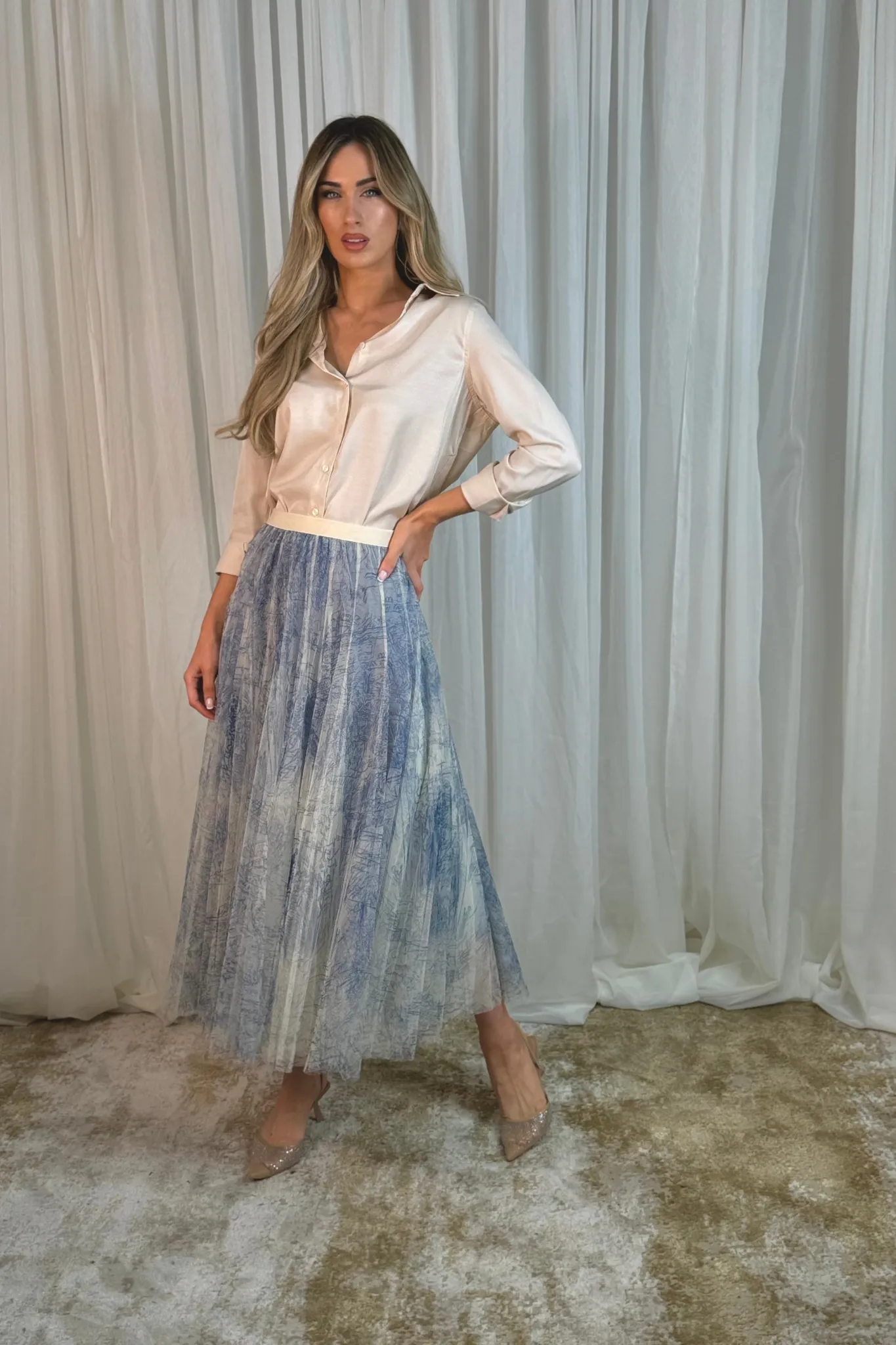 Carolyn Printed Tulle Skirt In Blue Mix