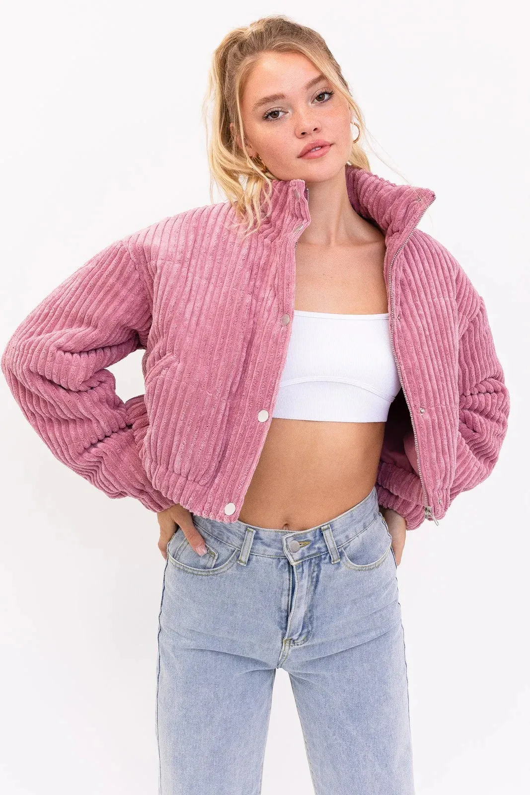 Cropped Corduroy High Collar Puffer Jacket