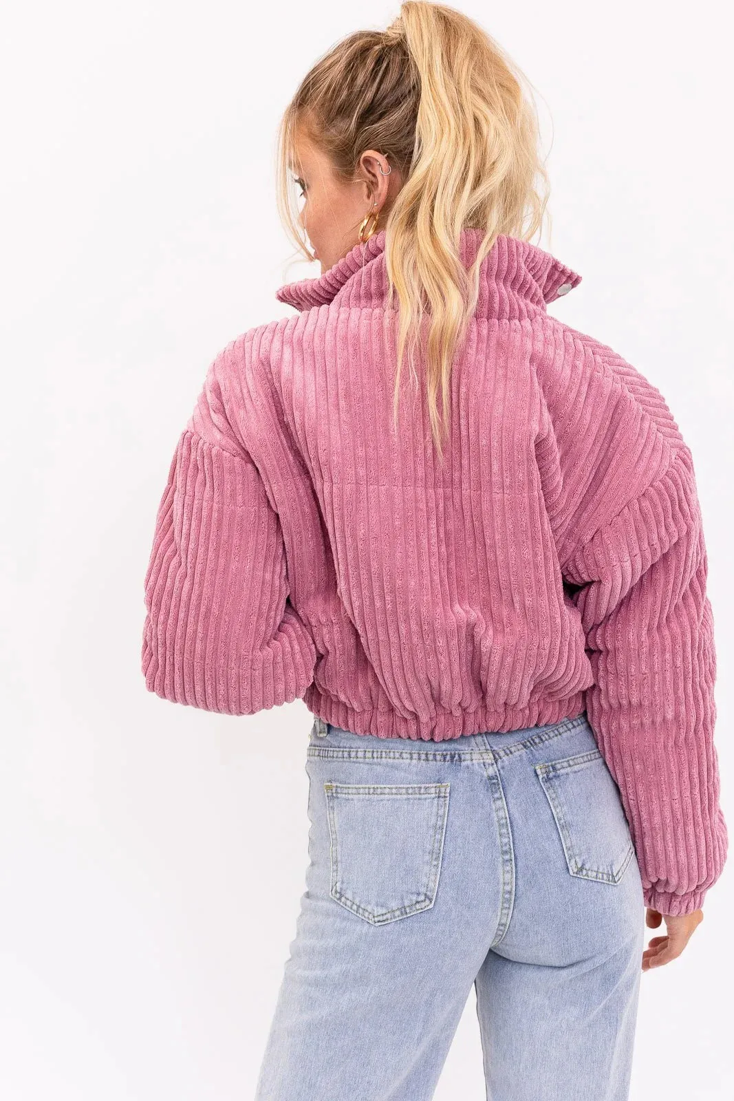 Cropped Corduroy High Collar Puffer Jacket