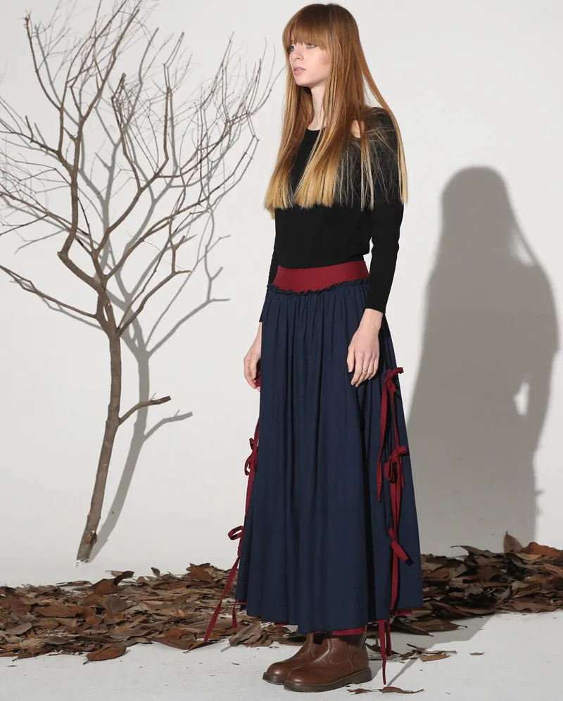 Dark blue linen skirt maxi skirt women skirt 1159#