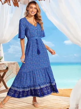 Deep V Neck Bell Sleeves Midi Layered Ruffles Long Summer Dress