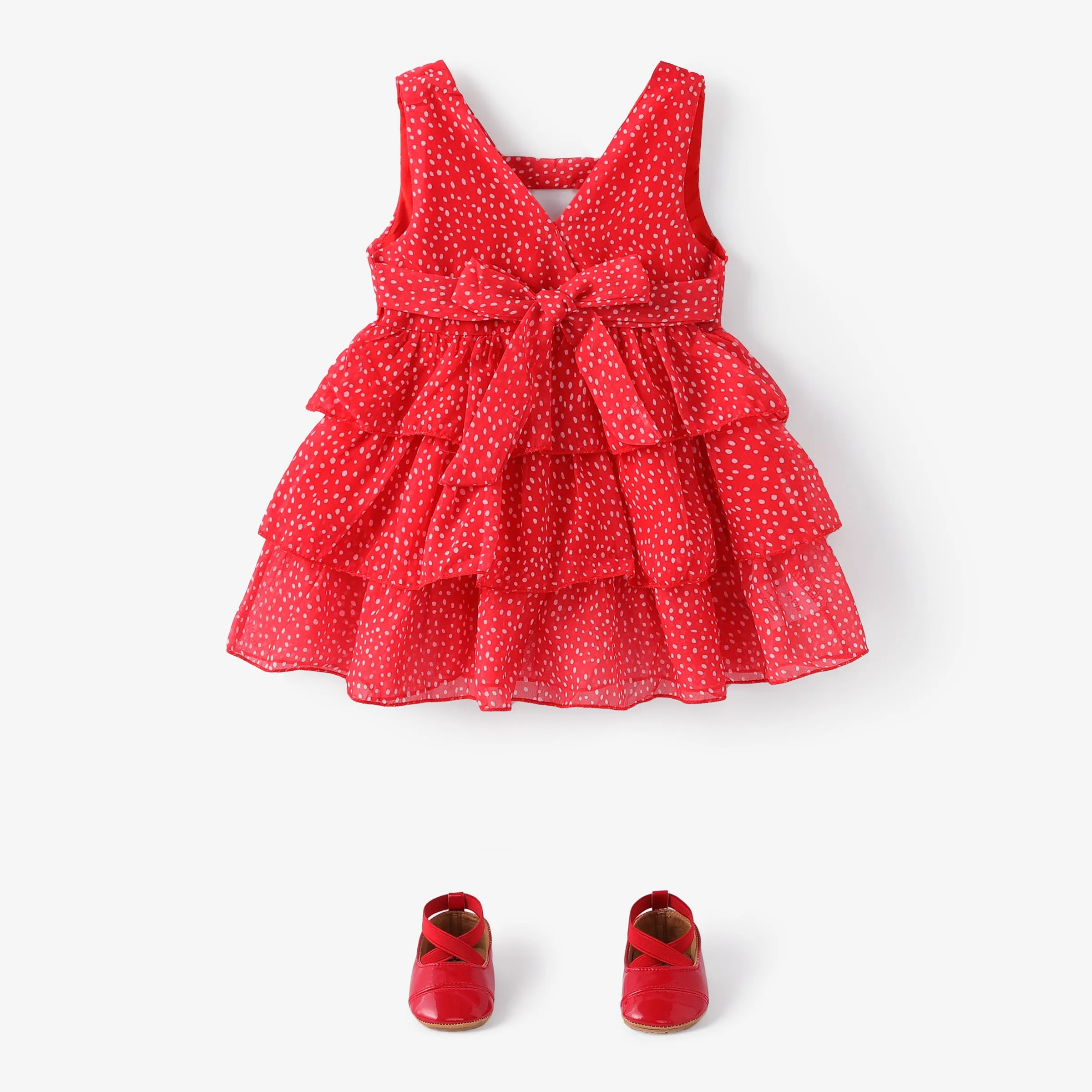 Dots or Floral Print Flounce Layered Sleeveless Baby Dress