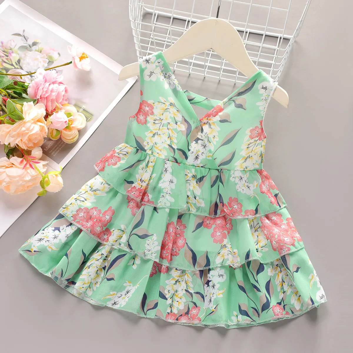 Dots or Floral Print Flounce Layered Sleeveless Baby Dress