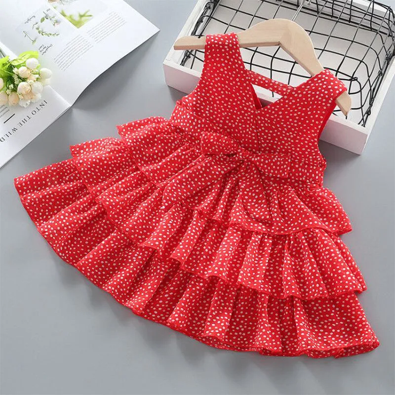 Dots or Floral Print Flounce Layered Sleeveless Baby Dress