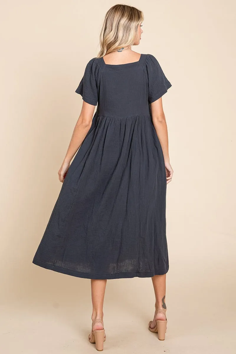 Double Gauze Square Neck Cotton Midi Shirt Dress, S-3X