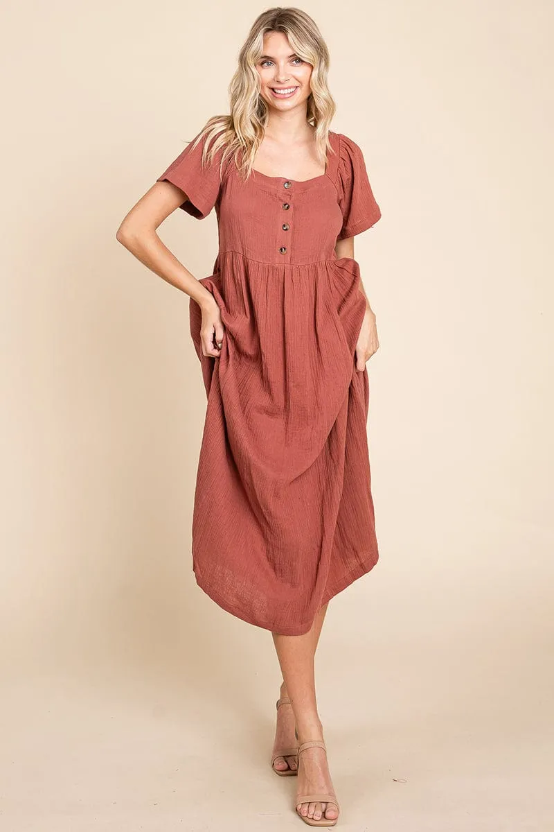 Double Gauze Square Neck Cotton Midi Shirt Dress, S-3X