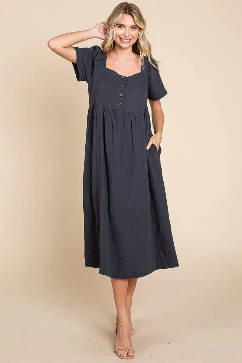 Double Gauze Square Neck Cotton Midi Shirt Dress, S-3X