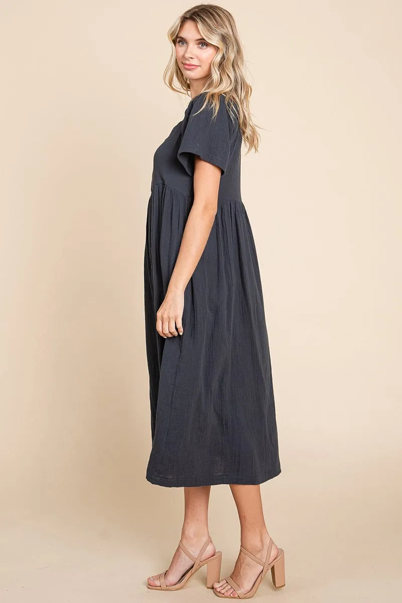 Double Gauze Square Neck Cotton Midi Shirt Dress, S-3X