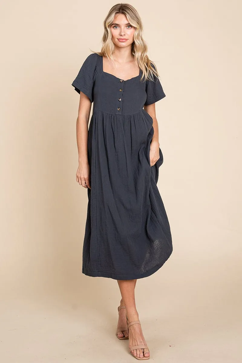 Double Gauze Square Neck Cotton Midi Shirt Dress, S-3X