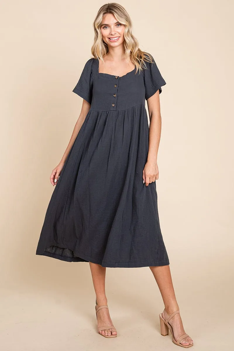 Double Gauze Square Neck Cotton Midi Shirt Dress, S-3X