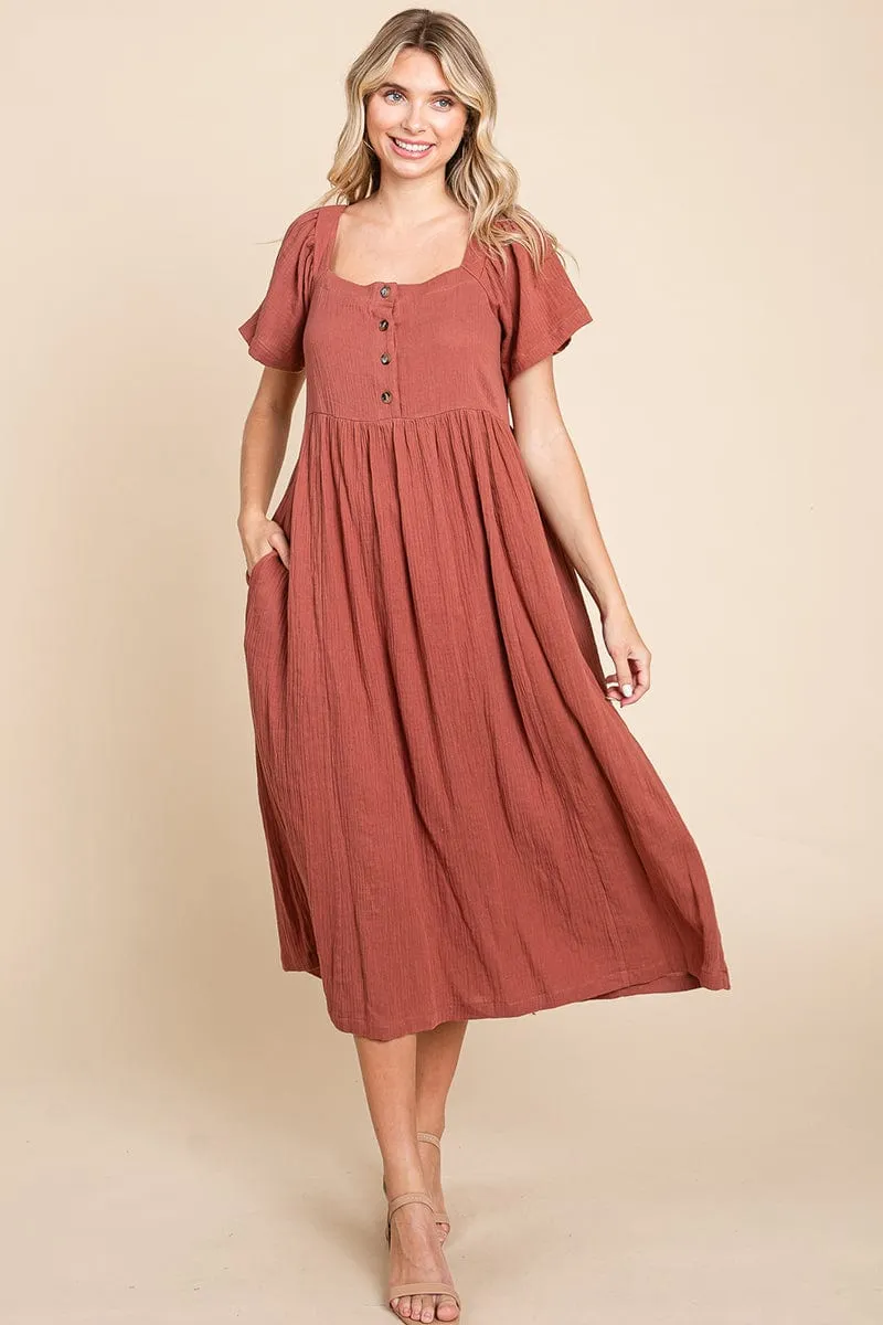 Double Gauze Square Neck Cotton Midi Shirt Dress, S-3X