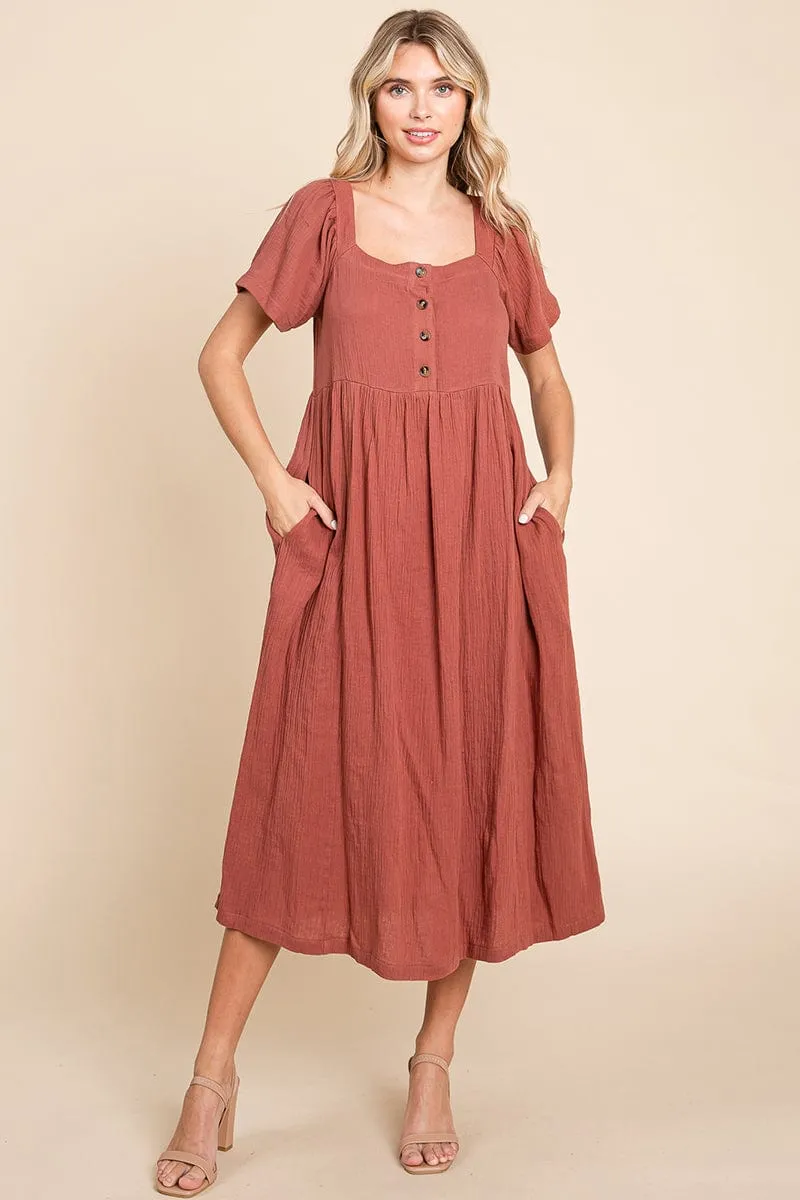 Double Gauze Square Neck Cotton Midi Shirt Dress, S-3X